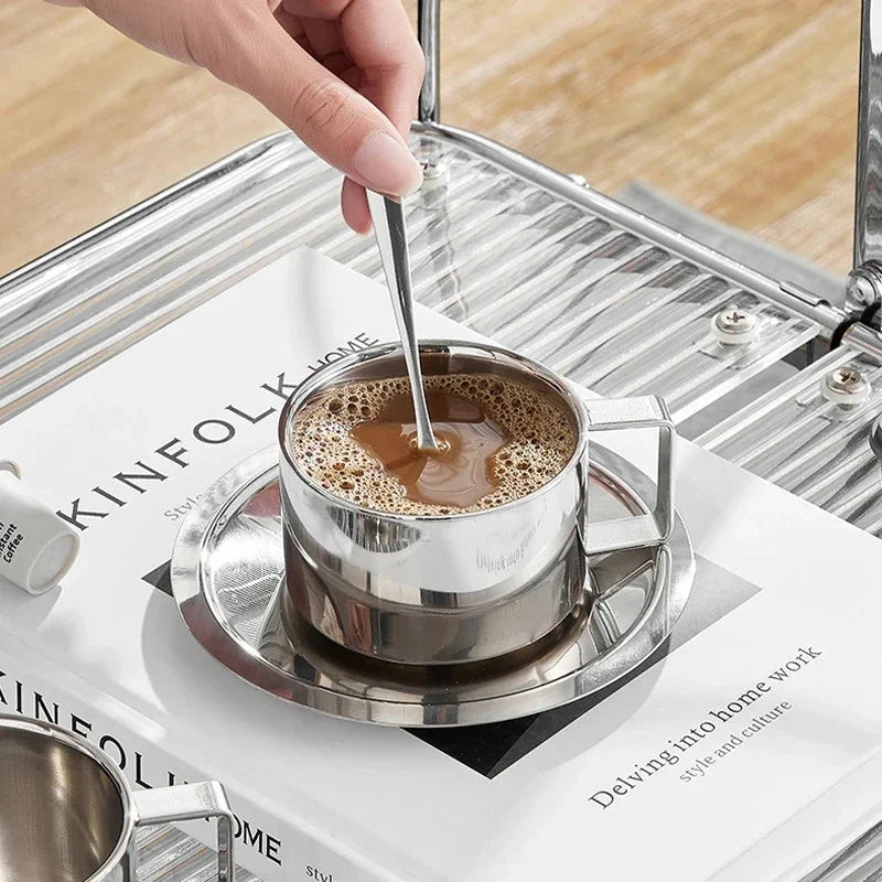 Double-Wall Stainless Steel Coffee Cup Set with Saucer and Spoon