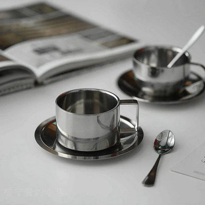 Double-Wall Stainless Steel Coffee Cup Set with Saucer and Spoon