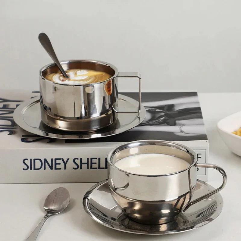 Double-Wall Stainless Steel Coffee Cup Set with Saucer and Spoon