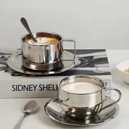 Double-Wall Stainless Steel Coffee Cup Set with Saucer and Spoon