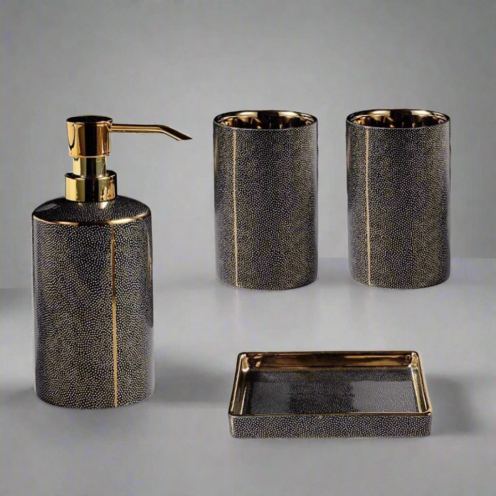 Elegant Ceramic Bathroom Accessory Set with Gold Accents