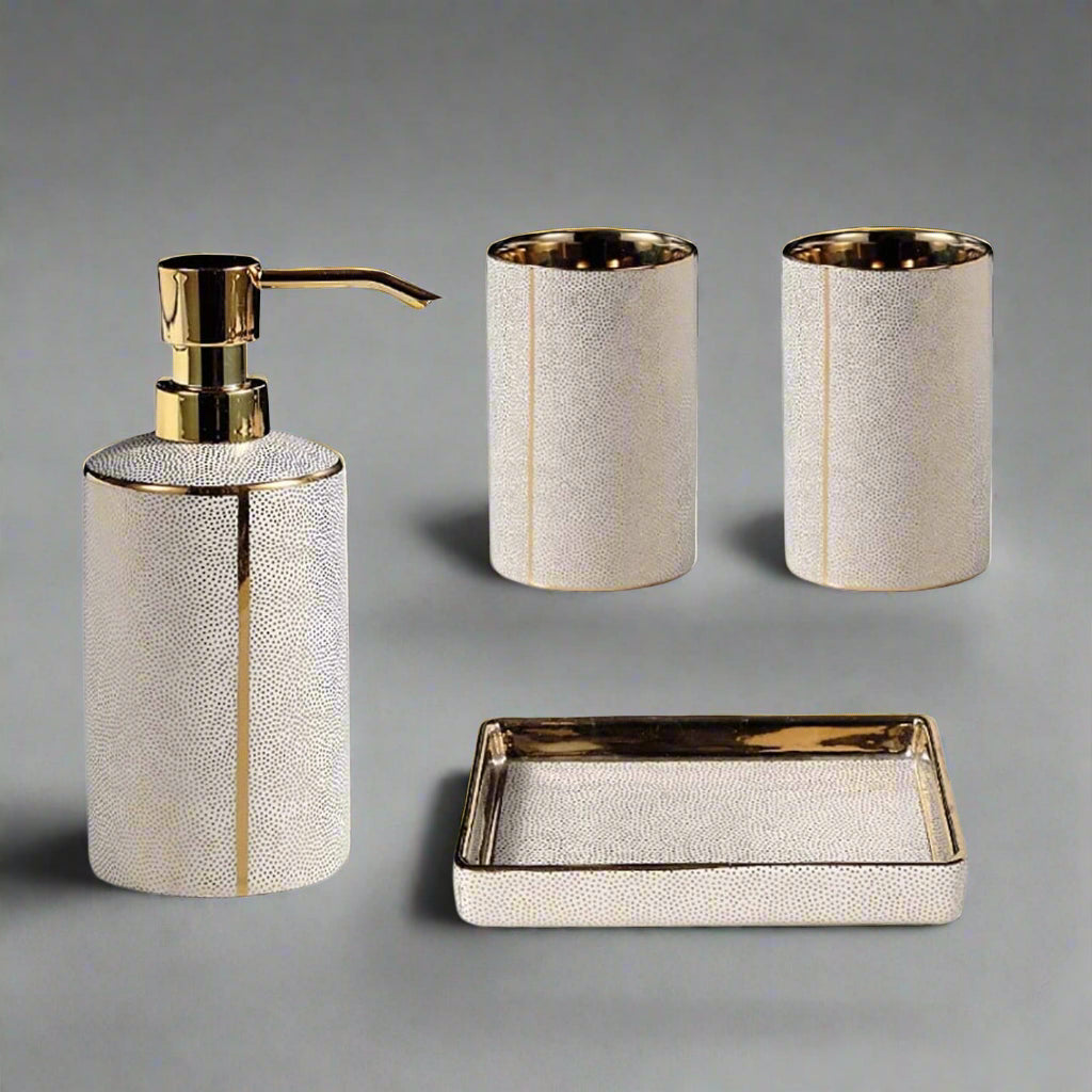 Elegant Ceramic Bathroom Accessory Set with Gold Accents