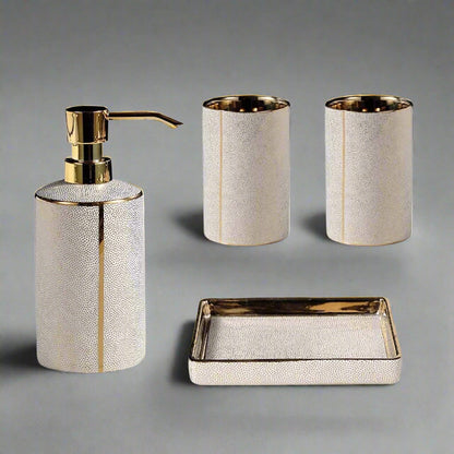 Elegant Ceramic Bathroom Accessory Set with Gold Accents