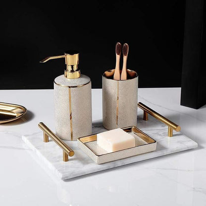 Elegant Ceramic Bathroom Accessory Set with Gold Accents