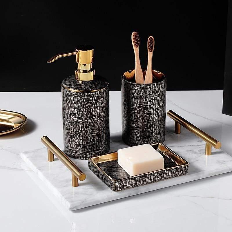 Elegant Ceramic Bathroom Accessory Set with Gold Accents