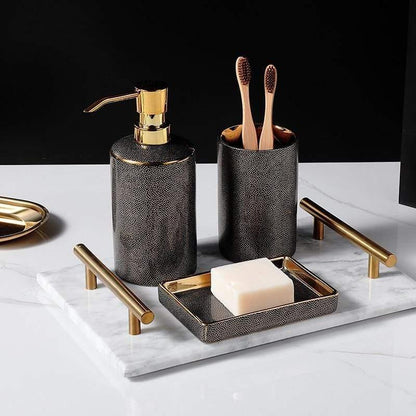 Elegant Ceramic Bathroom Accessory Set with Gold Accents
