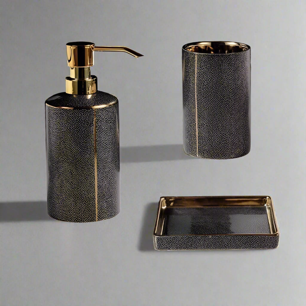 Elegant Ceramic Bathroom Accessory Set with Gold Accents