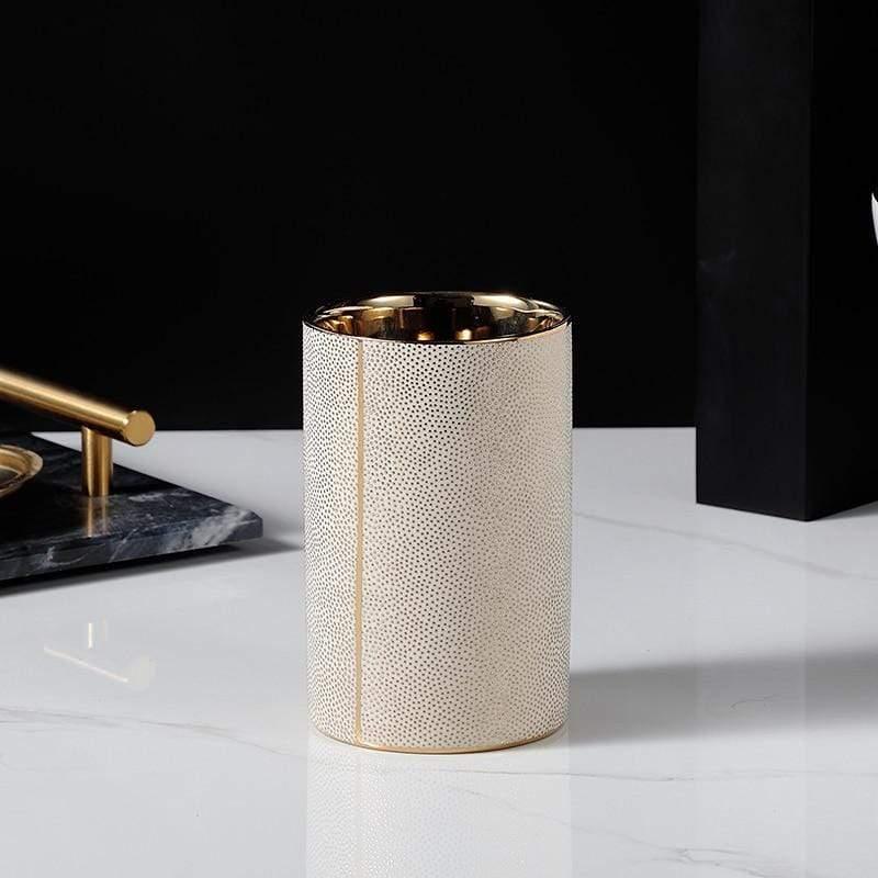Elegant Ceramic Bathroom Accessory Set with Gold Accents
