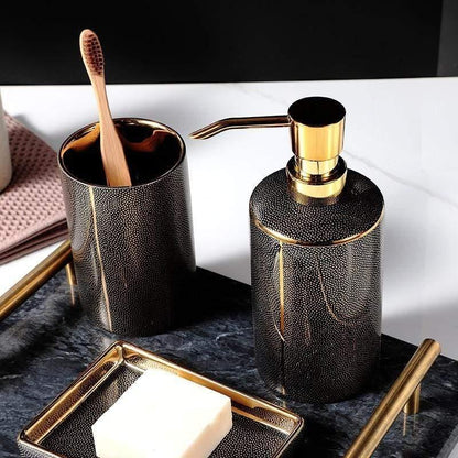 Elegant Ceramic Bathroom Accessory Set with Gold Accents