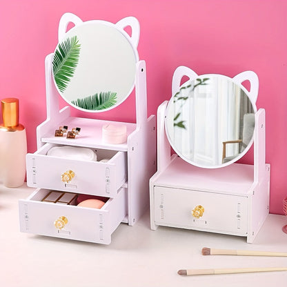 Elegant Tabletop Makeup Mirror with Storage Drawer – 360° Rotating Design