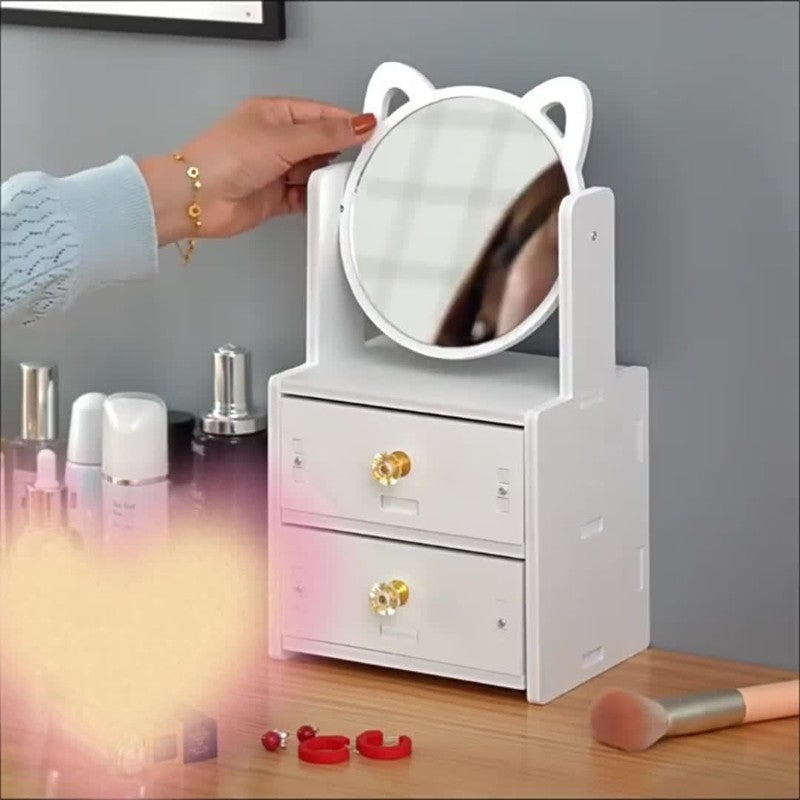 Elegant Tabletop Makeup Mirror with Storage Drawer – 360° Rotating Design