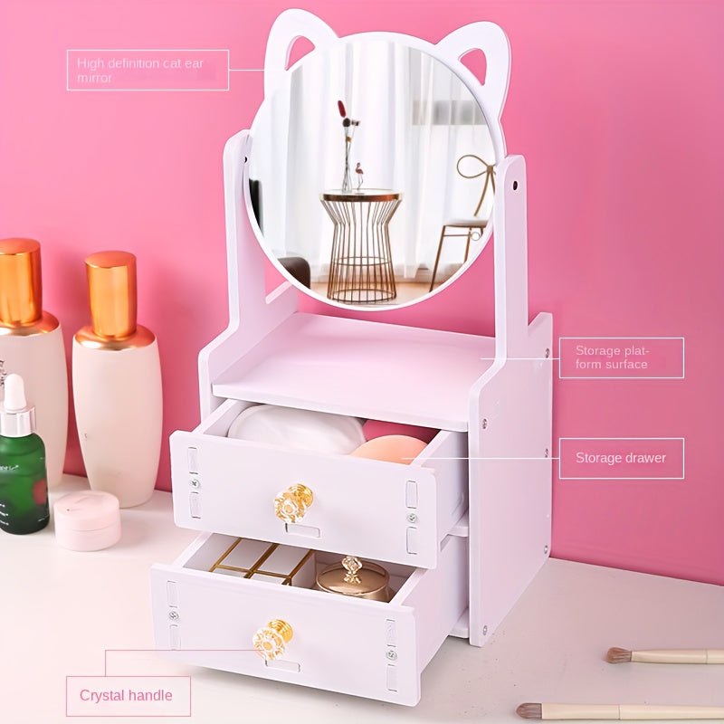 Elegant Tabletop Makeup Mirror with Storage Drawer – 360° Rotating Design