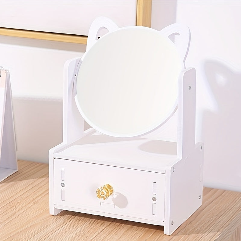 Elegant Tabletop Makeup Mirror with Storage Drawer – 360° Rotating Design