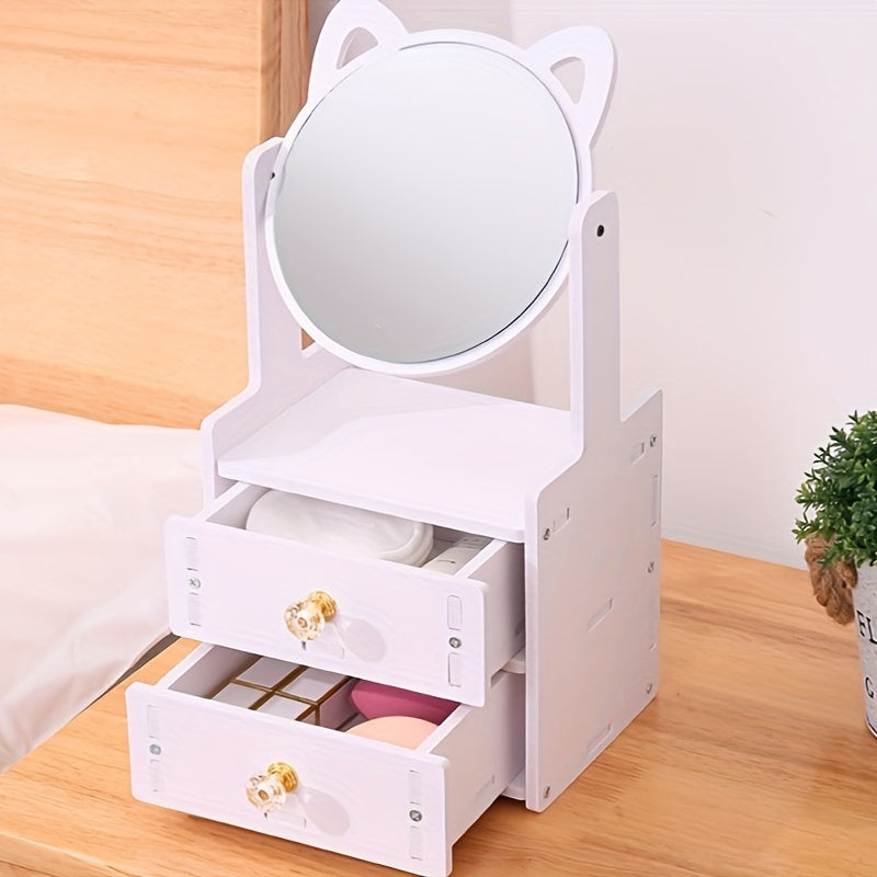Elegant Tabletop Makeup Mirror with Storage Drawer – 360° Rotating Design