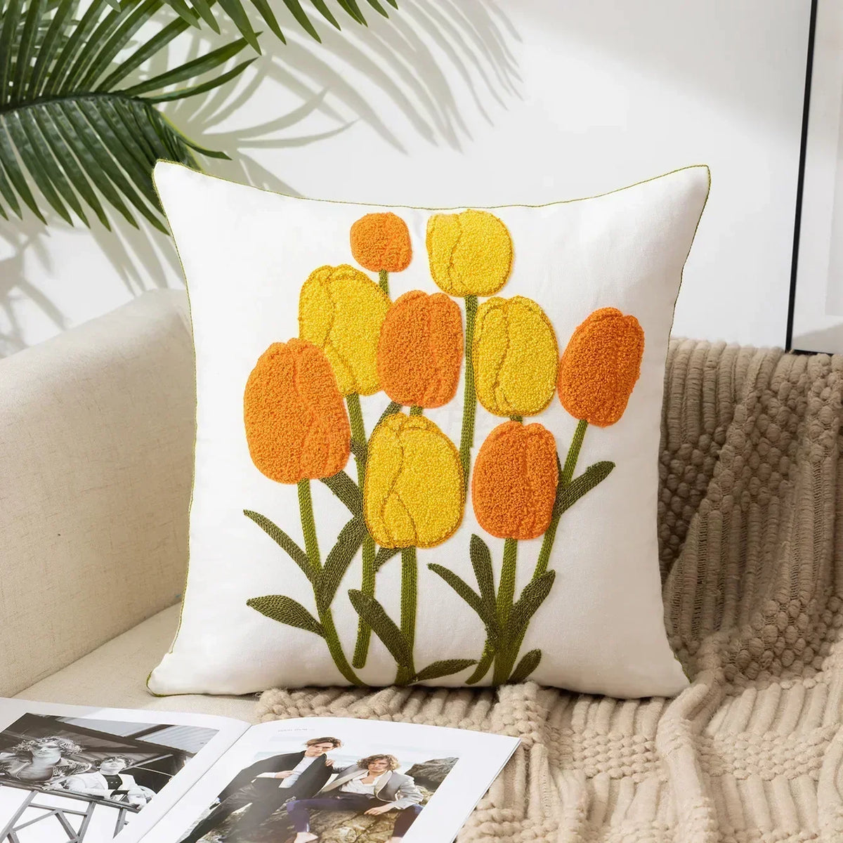 Embroidered Cotton Canvas Cushion Cover with Rustic Floral Design