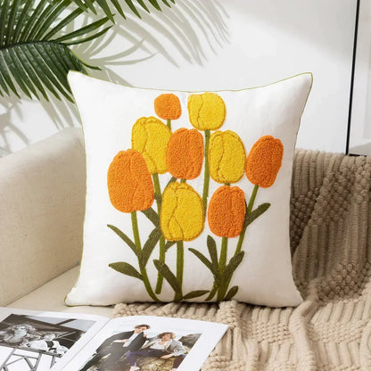 Embroidered Cotton Canvas Cushion Cover with Rustic Floral Design