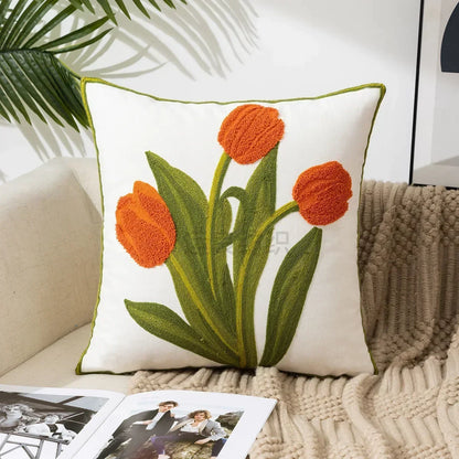 Embroidered Cotton Canvas Cushion Cover with Rustic Floral Design
