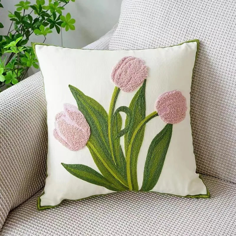 Embroidered Cotton Canvas Cushion Cover with Rustic Floral Design