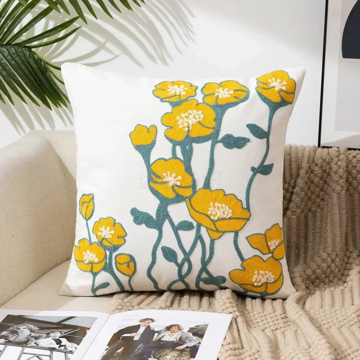 Embroidered Cotton Canvas Cushion Cover with Rustic Floral Design
