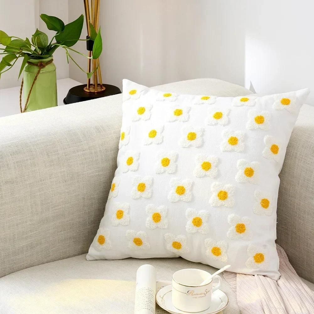 Embroidered Cotton Canvas Cushion Cover with Rustic Floral Design