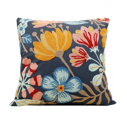 Embroidered Cotton Canvas Cushion Cover with Rustic Floral Design