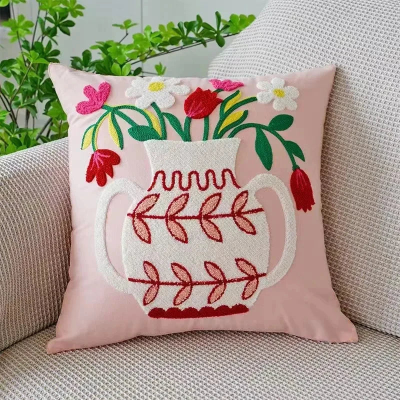 Embroidered Cotton Canvas Cushion Cover with Rustic Floral Design