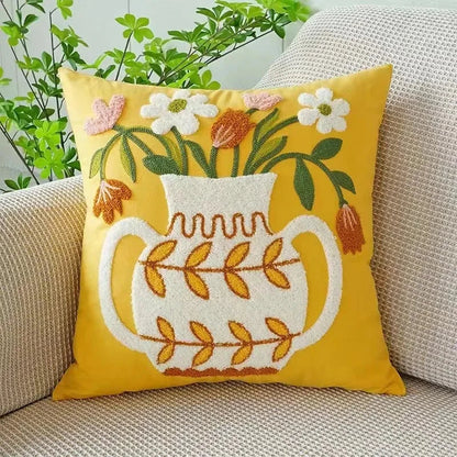 Embroidered Cotton Canvas Cushion Cover with Rustic Floral Design