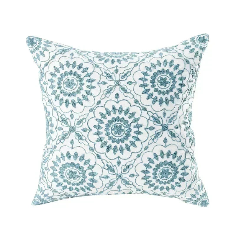 Embroidered Cotton Canvas Cushion Cover with Rustic Floral Design