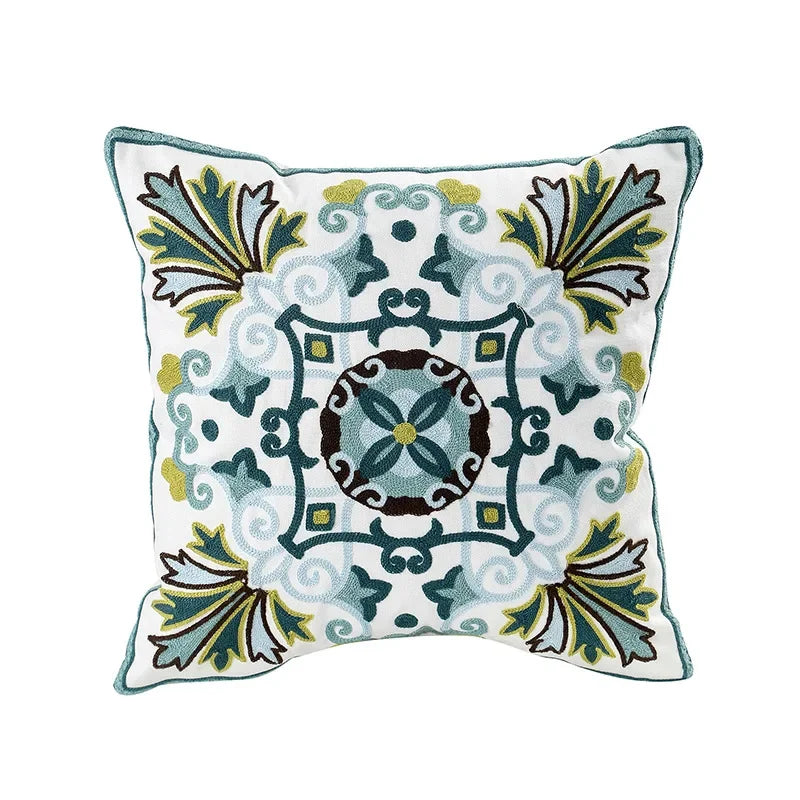 Embroidered Cotton Canvas Cushion Cover with Rustic Floral Design