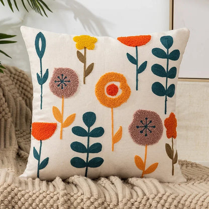 Embroidered Cotton Canvas Cushion Cover with Rustic Floral Design