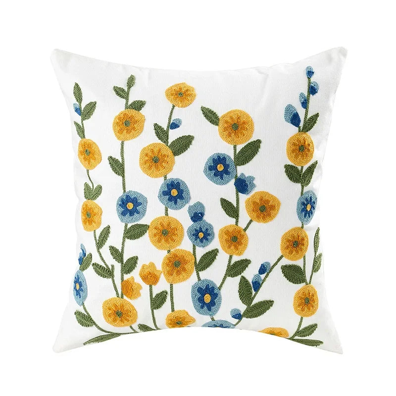 Embroidered Cotton Canvas Cushion Cover with Rustic Floral Design