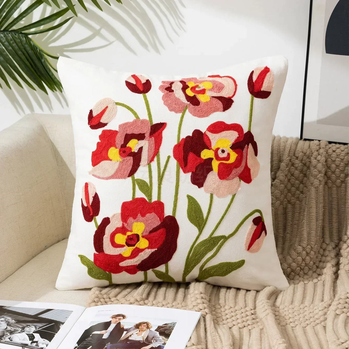 Embroidered Cotton Canvas Cushion Cover with Rustic Floral Design