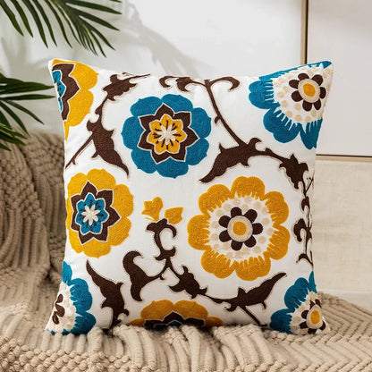Embroidered Cotton Canvas Cushion Cover with Rustic Floral Design