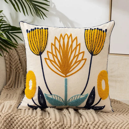 Embroidered Cotton Canvas Cushion Cover with Rustic Floral Design