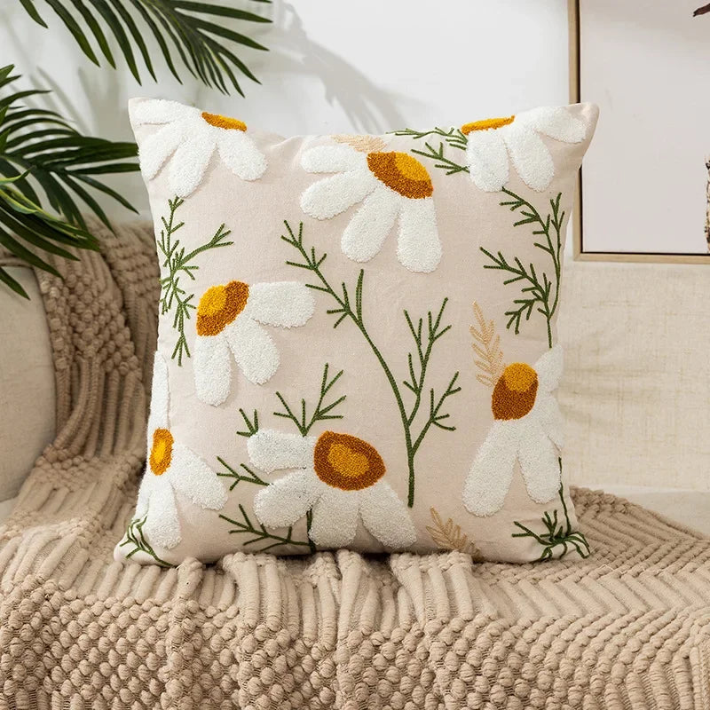 Embroidered Cotton Canvas Cushion Cover with Rustic Floral Design