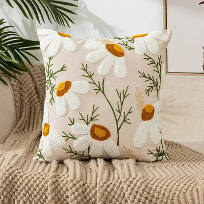 Embroidered Cotton Canvas Cushion Cover with Rustic Floral Design