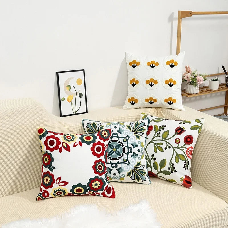 Embroidered Cotton Canvas Cushion Cover with Rustic Floral Design