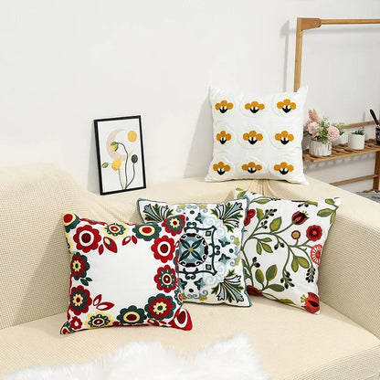 Embroidered Cotton Canvas Cushion Cover with Rustic Floral Design