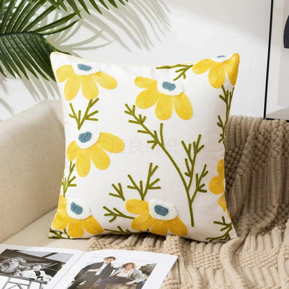 Embroidered Cotton Canvas Cushion Cover with Rustic Floral Design