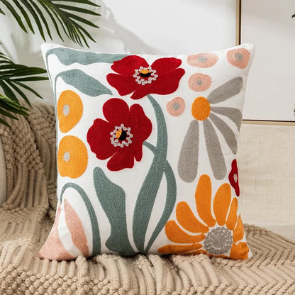 Embroidered Cotton Canvas Cushion Cover with Rustic Floral Design