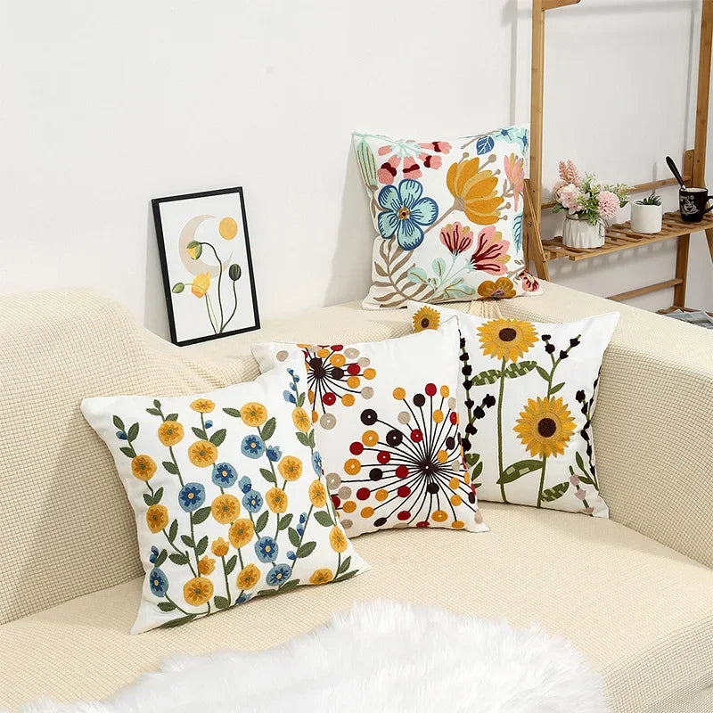 Embroidered Cotton Canvas Cushion Cover with Rustic Floral Design