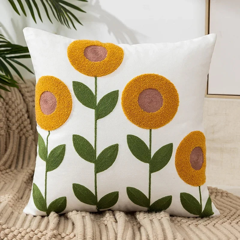 Embroidered Cotton Canvas Cushion Cover with Rustic Floral Design