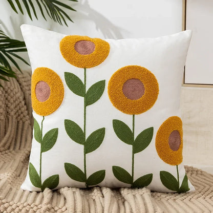 Embroidered Cotton Canvas Cushion Cover with Rustic Floral Design