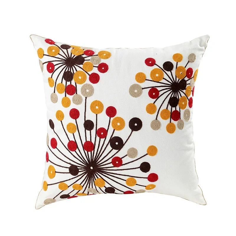 Embroidered Cotton Canvas Cushion Cover with Rustic Floral Design
