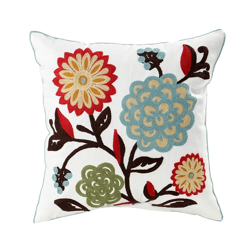 Embroidered Cotton Canvas Cushion Cover with Rustic Floral Design