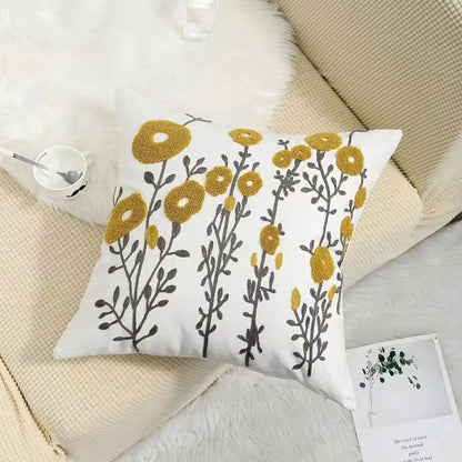 Embroidered Cotton Canvas Cushion Cover with Rustic Floral Design