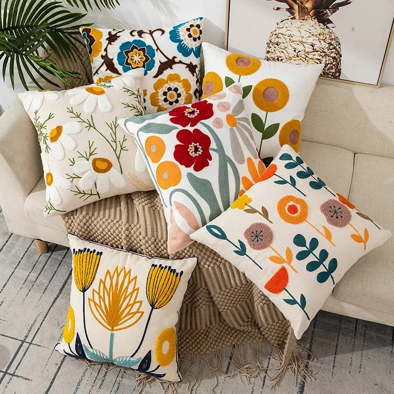 Embroidered Cotton Canvas Cushion Cover with Rustic Floral Design