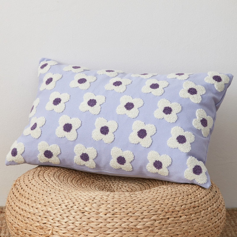Embroidered Cotton Cushion Cover with Daisy Design and Concealed Zip