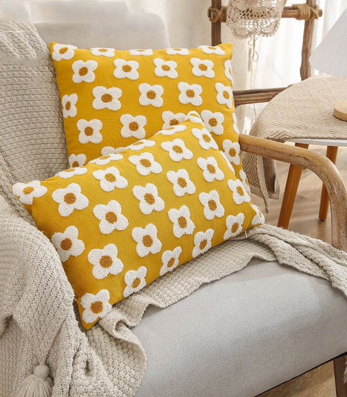Embroidered Cotton Cushion Cover with Daisy Design and Concealed Zip