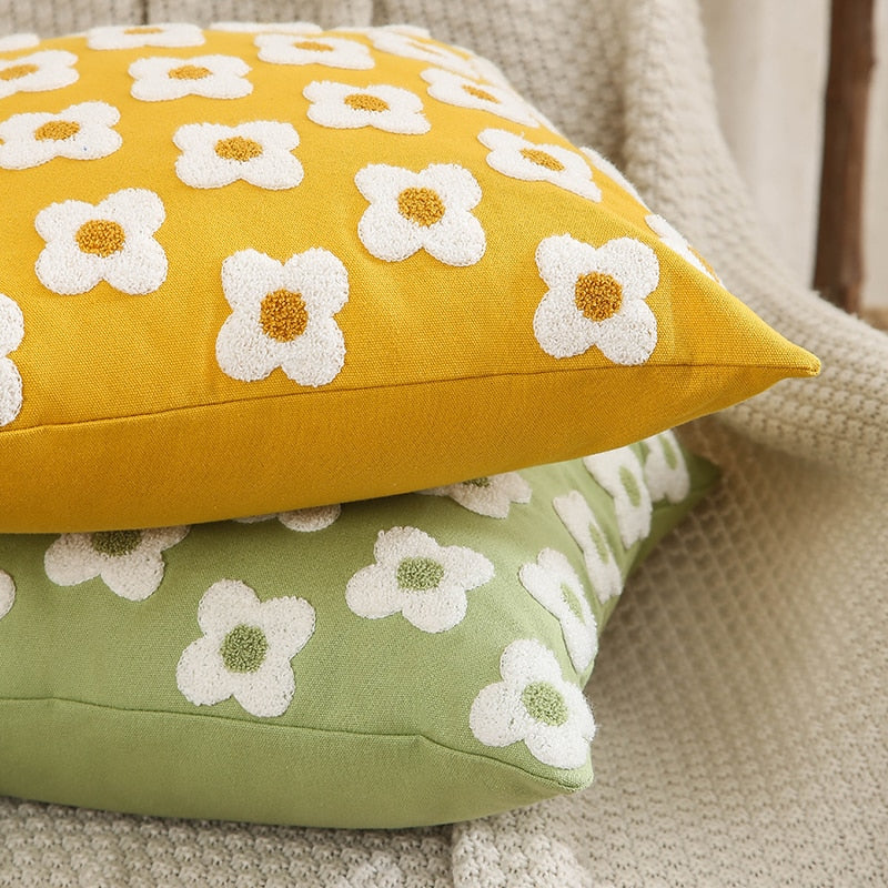 Embroidered Cotton Cushion Cover with Daisy Design and Concealed Zip